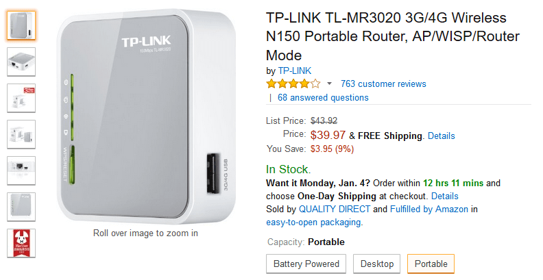 TP-Link TL-MR3020 Portable 3G/4G Wireless N CABLE Router